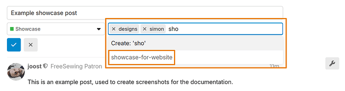 The tags input is marked with an orange box. Within it, the showcase-for-website tag is also marked with an orange box