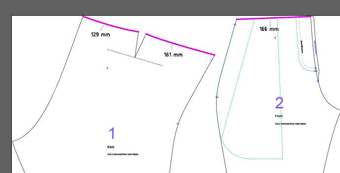 InDesign Screenshot - I determined the waist length in the created pattern by adding up the length of the pink lines and multiplaying by two.